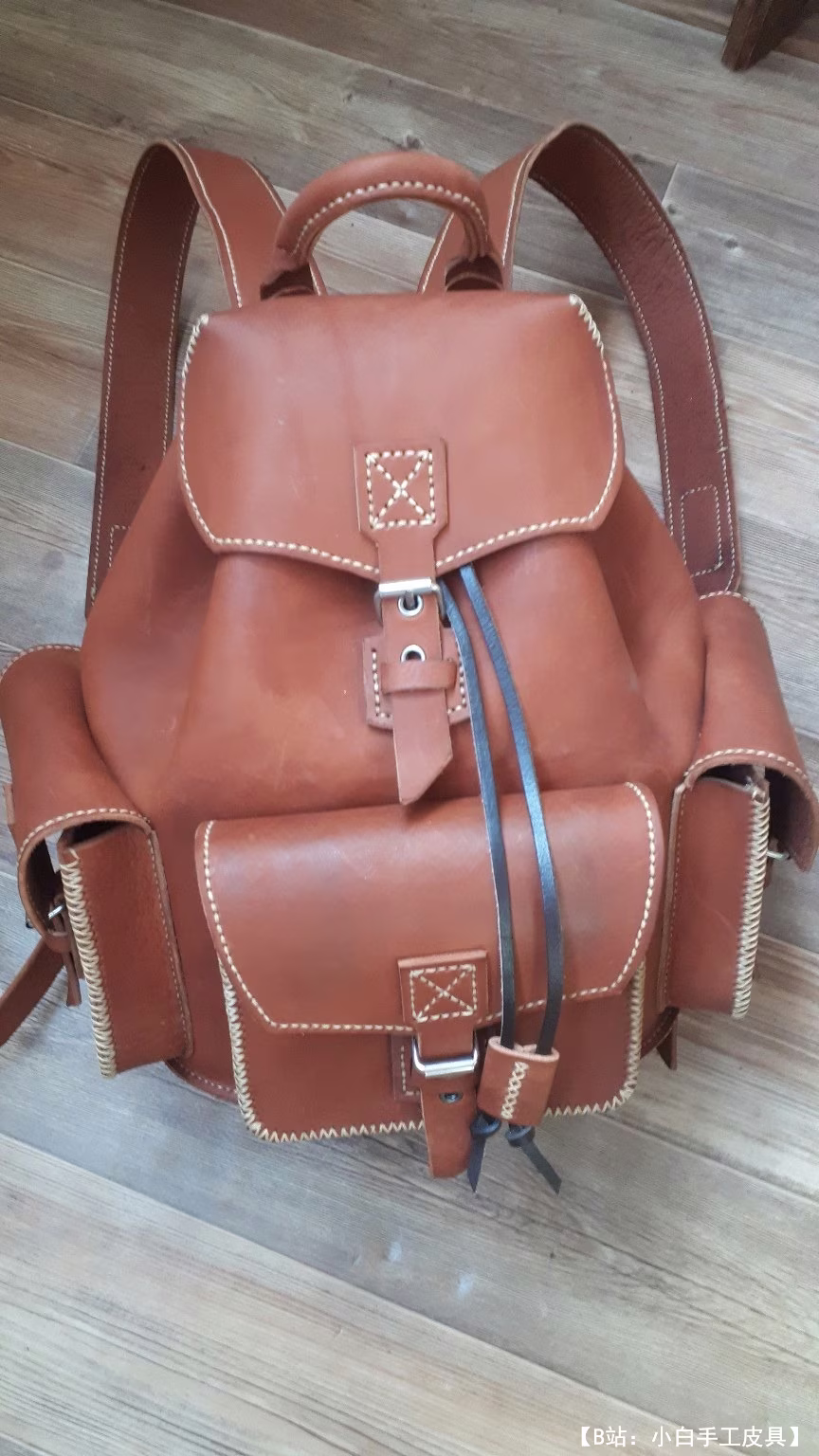 带翻盖和外部口袋的皮革背包的图案 - 1