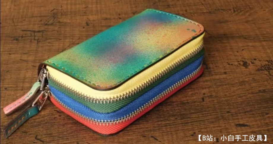 图案皮革钱包小拉链双拉链 - 1