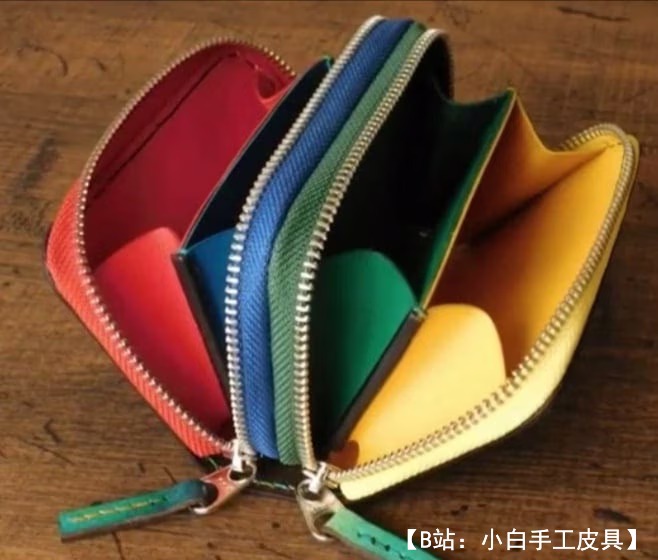 图案皮革钱包小拉链双拉链 - 2