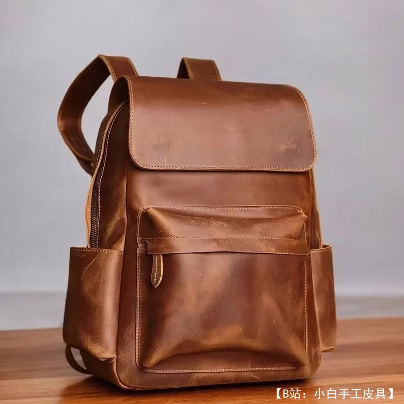 带翻盖的经典皮革背包图案 - 2