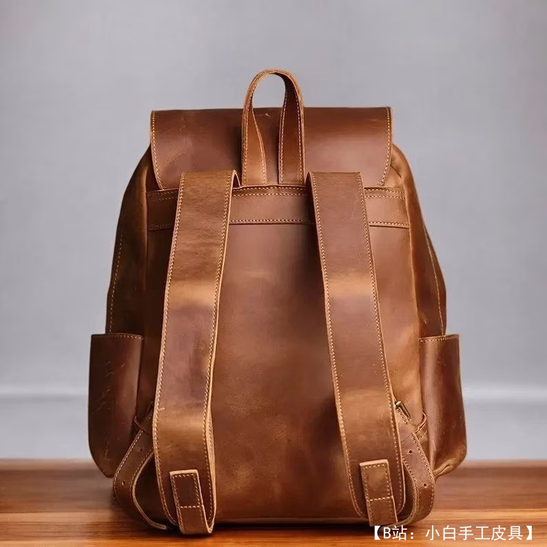 带翻盖的经典皮革背包图案 - 4