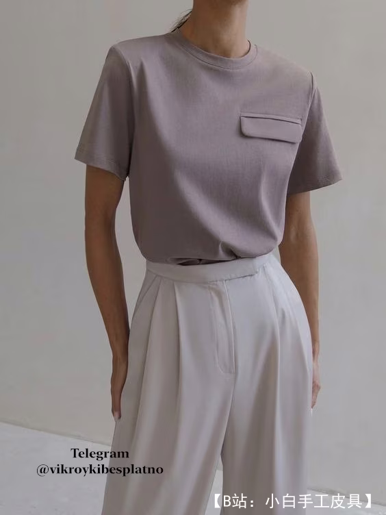 女式贴袋浅色针织 T 恤图案 42-70 ros - 2