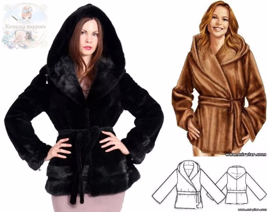 女式毛皮夹克（毛皮大衣）带帽腰带图案 - 1