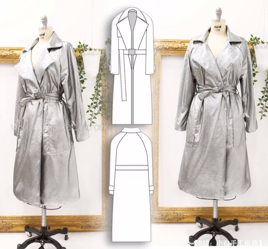 女式插肩袖面料风衣图案尺寸 0/2-28/30 - 1