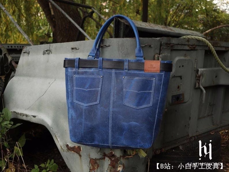 牛仔裤形式的皮革购物图案，配有腰带和贴袋 - 2