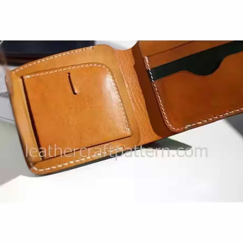 带硬币夹的双折皮革钱包图案 - 4