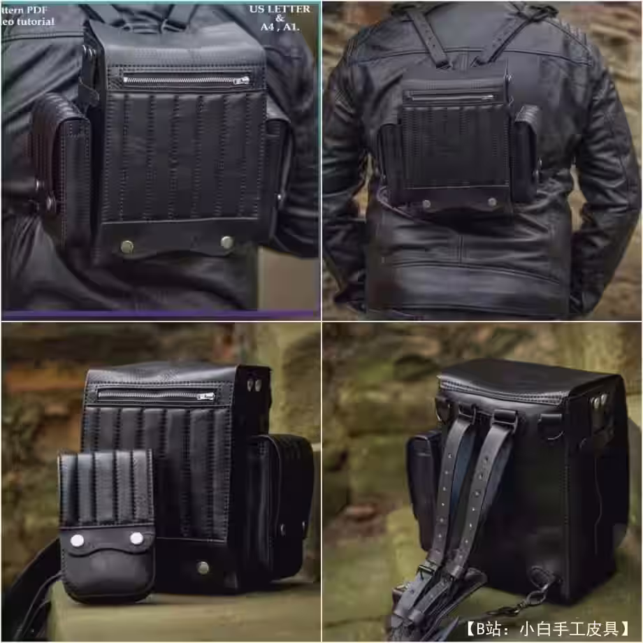 带许多口袋和翻盖的大型皮革自行车背包的图案 - 1