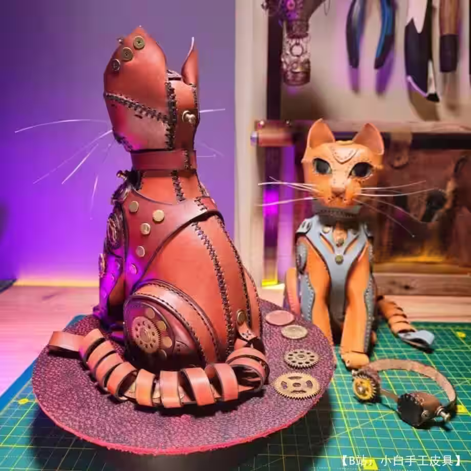 皮革图案 Ts 中猫形状的皮革存钱罐图案 - 1