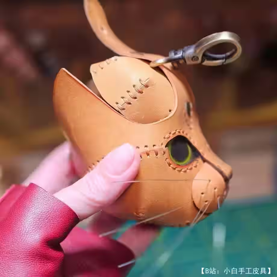 猫头形状包包皮革钥匙扣/耳机盒图案 - 4