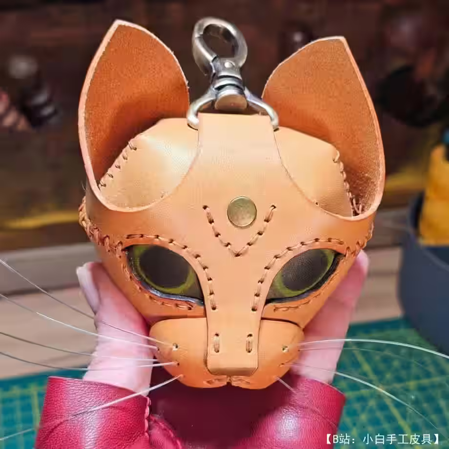 猫头形状包包皮革钥匙扣/耳机盒图案 - 6