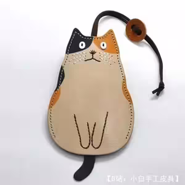 猫形皮革钥匙扣钥匙扣图案 - 1