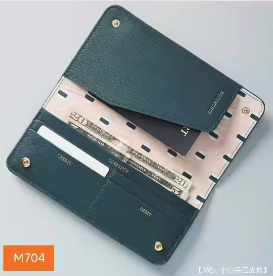 皮革长钱包的图案，带有带按钮护照的隔层 - 1