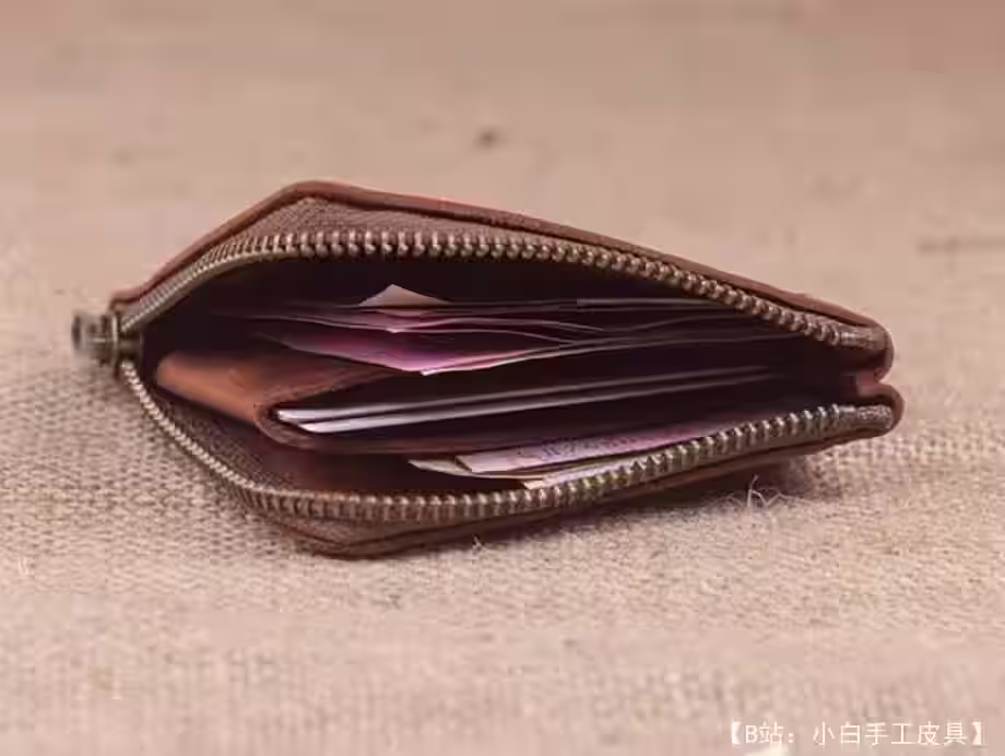 带有硬币隔层的简单皮革拉链钱包（带拉链）的图案 - 2