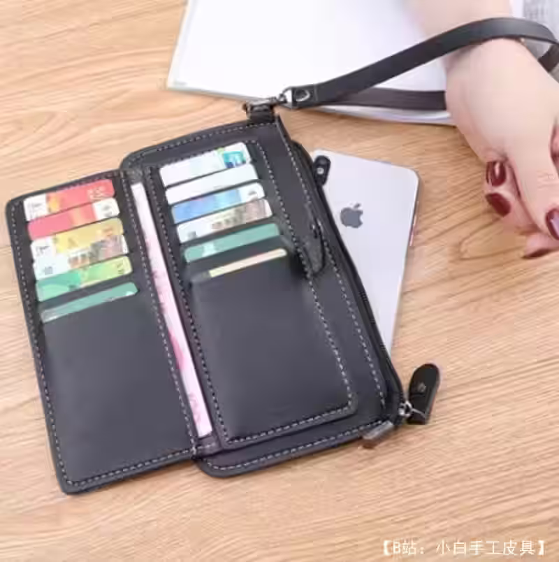 大型女式皮革手拿包或带银行卡和文件隔层的长钱包的图案 - 2