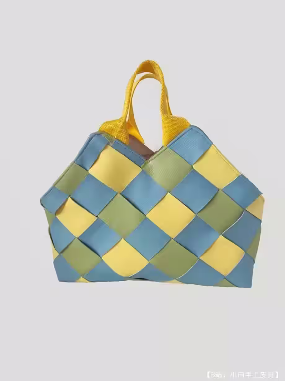 柳条风格图案手提包，真皮材质，无衬里 - 1