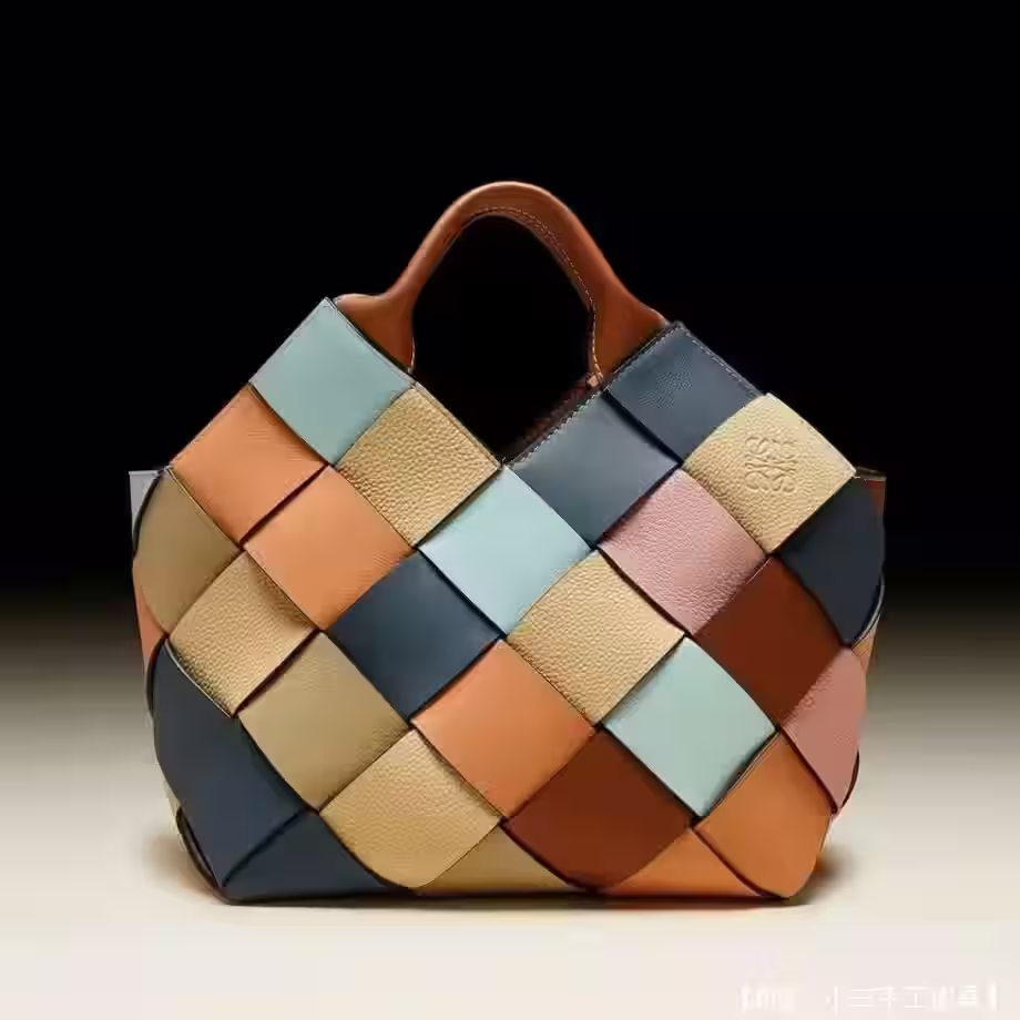 柳条风格图案手提包，真皮材质，无衬里 - 2