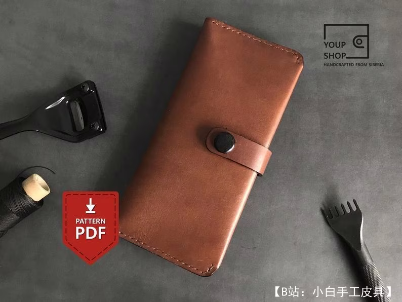 带按钮的皮革长钱包图案，带硬币隔层 - 1