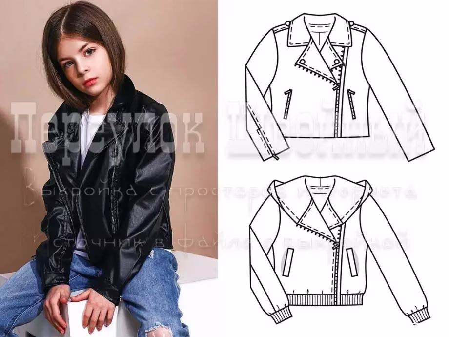 带帽儿童皮夹克（机车夹克）图案，尺码116至140 - 1